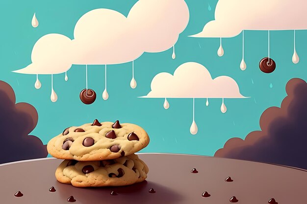 Photo a cartoon image of a chocolate chip cookie with clouds in the background