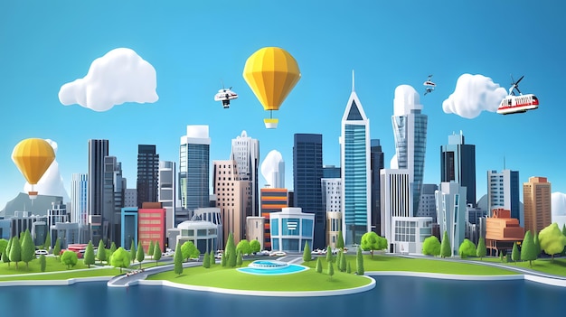 Photo a cartoon image of a city with a hot air balloon in the sky