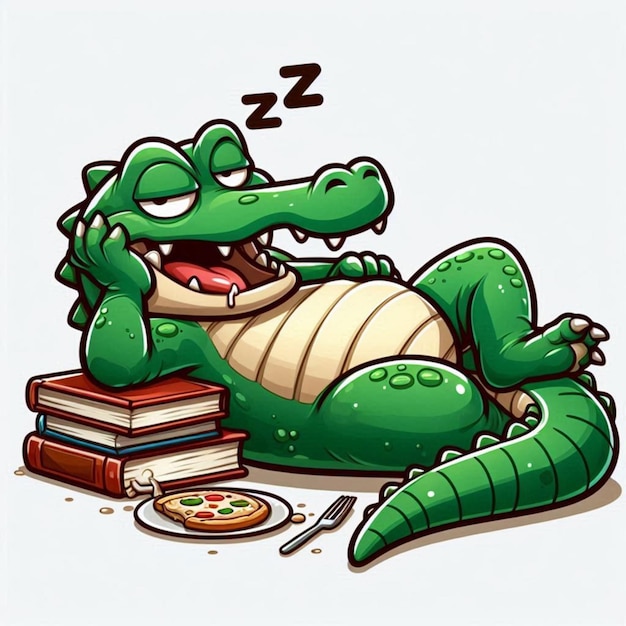 Photo a cartoon image of a crocodile sleeping with books and a book on top of it