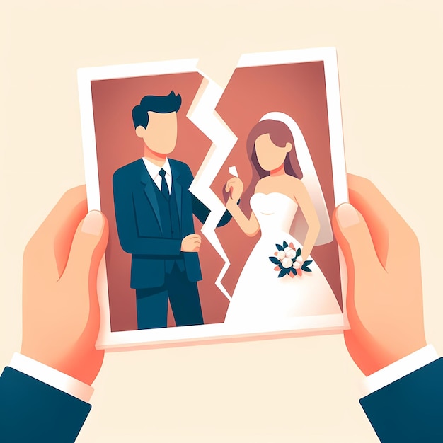 A cartoon image of divorce of a hand holding a broken in the middle photo of a bride and groom