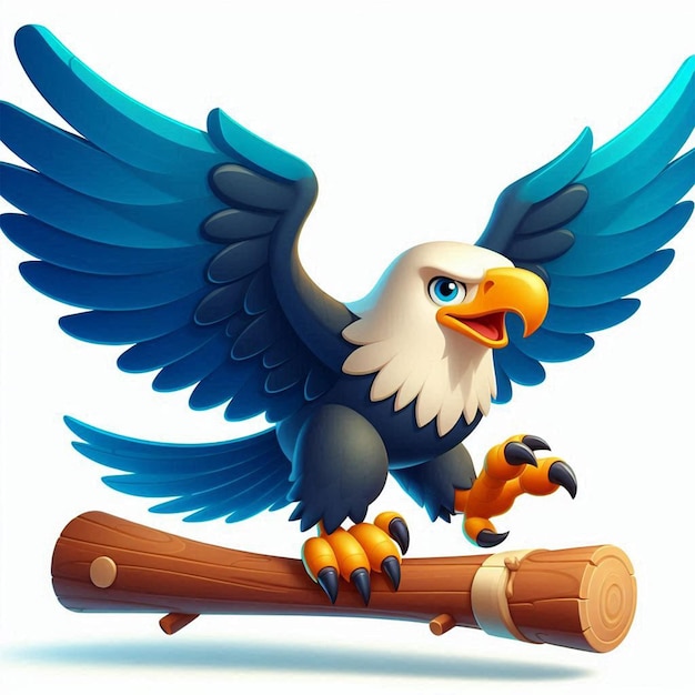 a cartoon image of an eagle holding a log with a stick with a bird on it