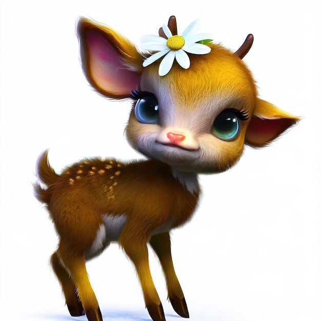 A cartoon image of a fawn with a flower on its head.