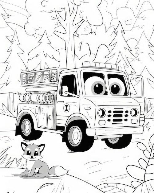 Photo a cartoon image of a fire truck with a cartoon face and a cartoon image of a fox on the back