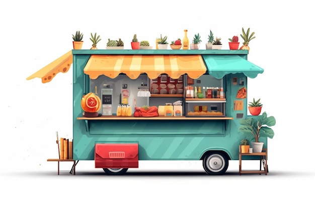 a cartoon image of a food truck with a sign that says  food  on it