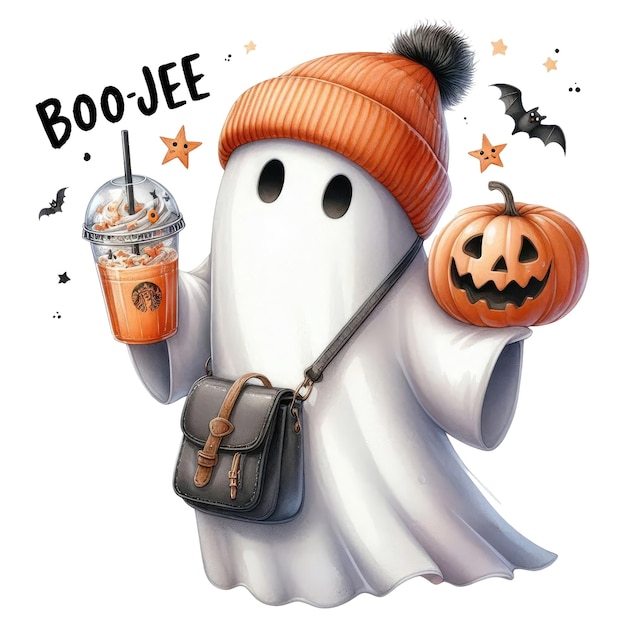 a cartoon image of a ghost with a pumpkin and a bag of gourmet