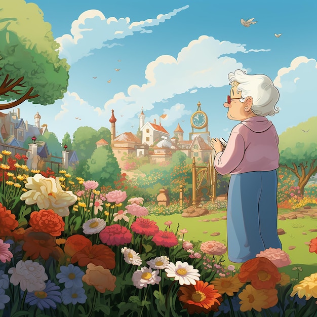 cartoon image of a grandma mother who looks at a flower garden