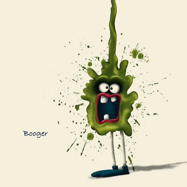 A cartoon image of a green monster with the word booger on it.