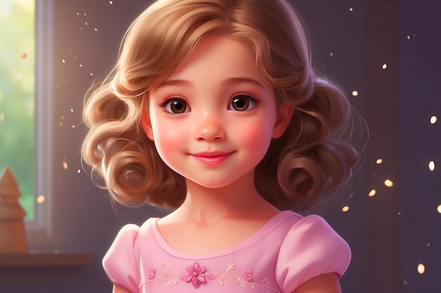 a cartoon image of a little girl with a pink dress and a gold flower on her head