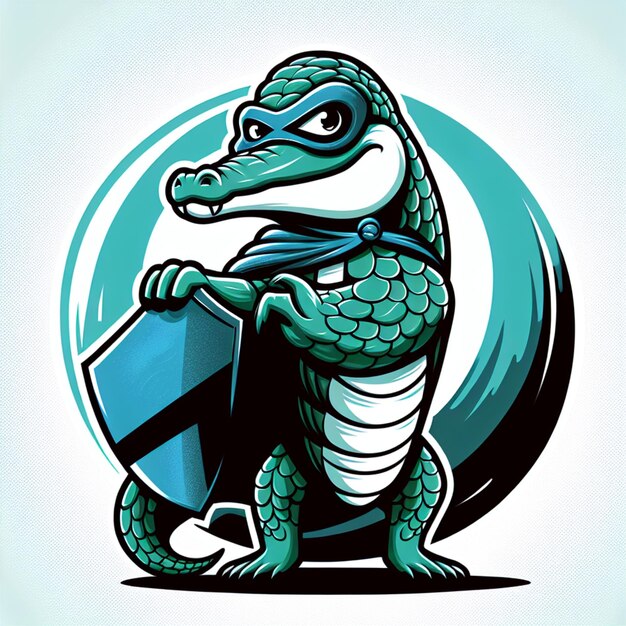 Photo a cartoon image of a lizard holding a shield with a blue background