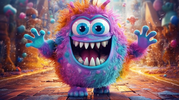 A cartoon image of a monster with a rainbow background.