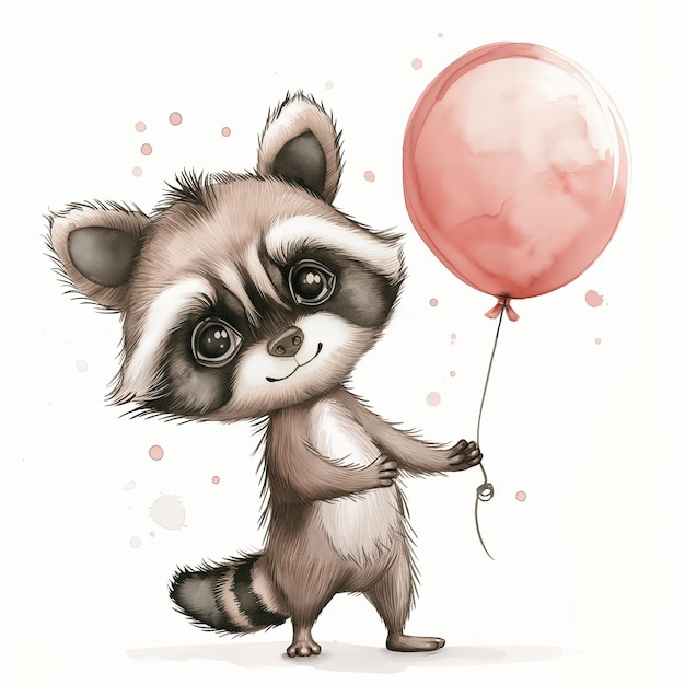 a cartoon image of a raccoon with a balloon in the background