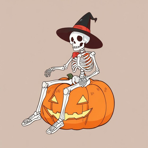 Cartoon image of a skeleton sitting on a pumpkin vector design