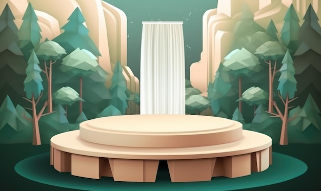 A cartoon image of a stage with a waterfall in the background.