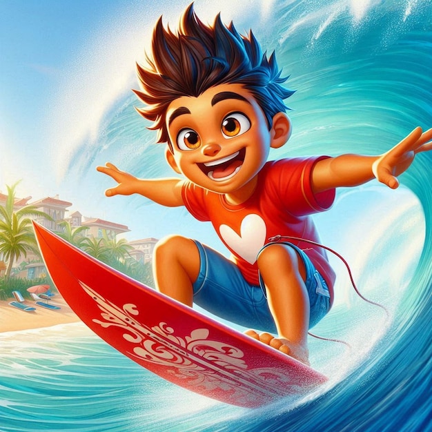 a cartoon image of a surfer riding a wave with a surfboard in the background