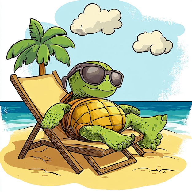 Photo cartoon image of a turtle wearing sunglasses and relaxing on a beach chair