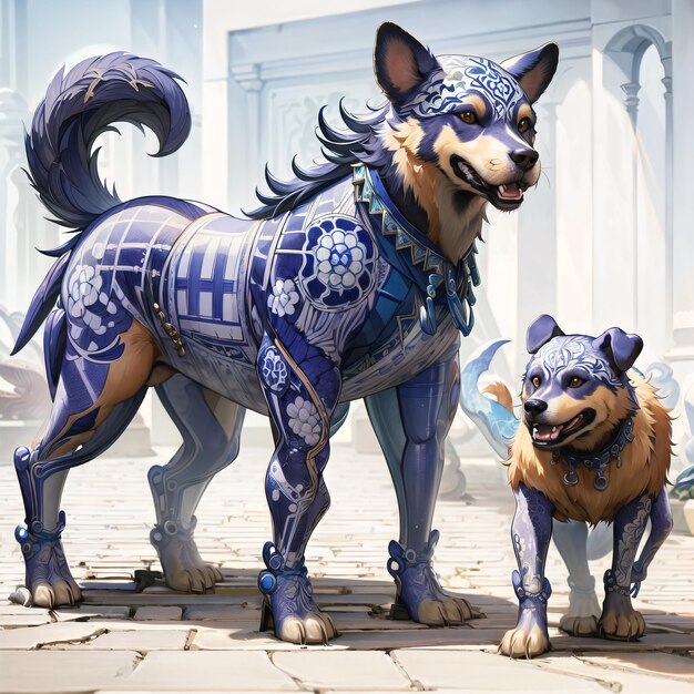 A cartoon image of two dogs with a blue and white costume.