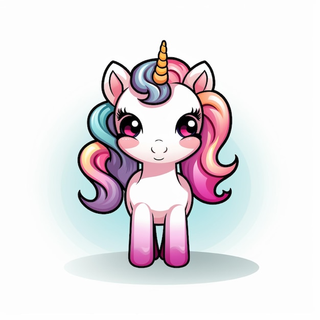 a cartoon image of a unicorn with a pink and blue mane and tail