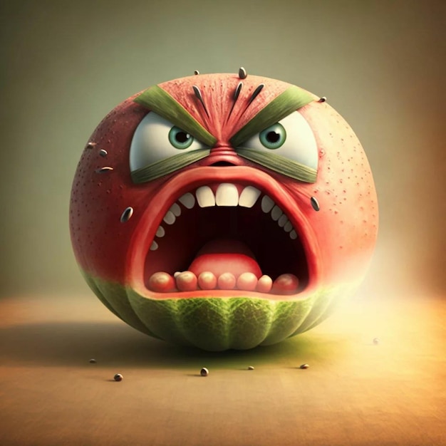 A cartoon image of a watermelon with an angry face.