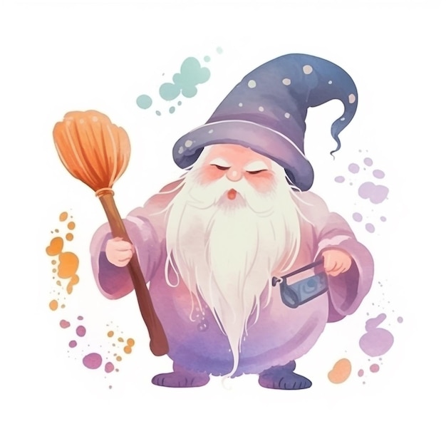 A cartoon image of a wizard with a broom in his hand.