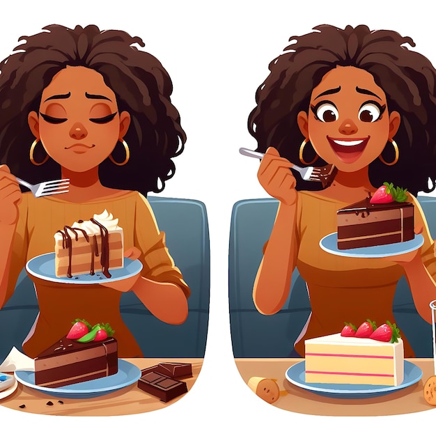 a cartoon image of a woman eating a slice of cake and a slice of cake