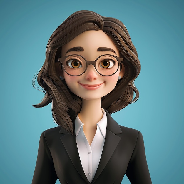 a cartoon image of a woman wearing glasses and a suit with a smile on her face