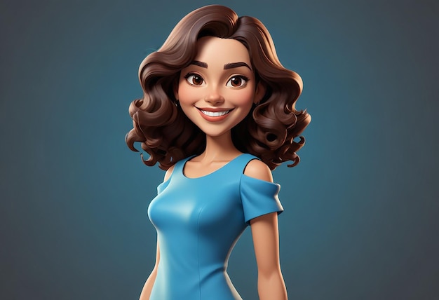 a cartoon image of a woman with brown hair and a blue dress