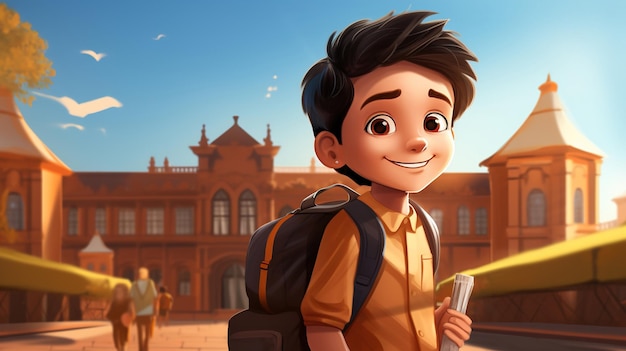 Cartoon Indian schoolboy with backpack smiling