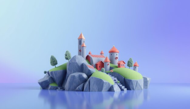 Photo cartoon island with houses and trees