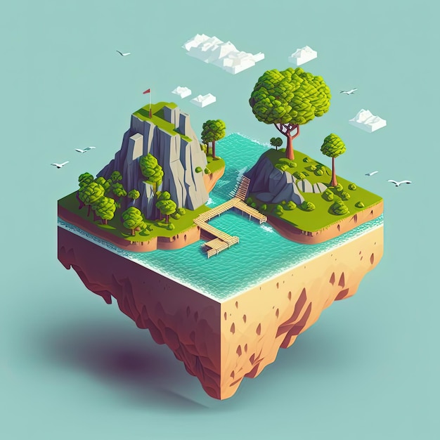 Cartoon isometric private island with mountain Generative AI