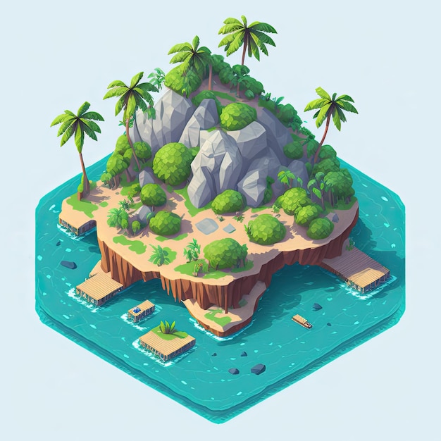 Cartoon isometric private island with mountain Generative AI