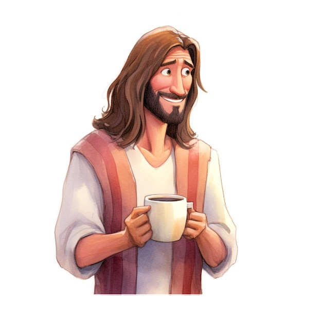 A cartoon of jesus holding a cup of coffee