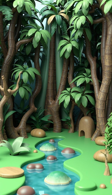 Photo cartoon jungle scene with a winding river and green foliage