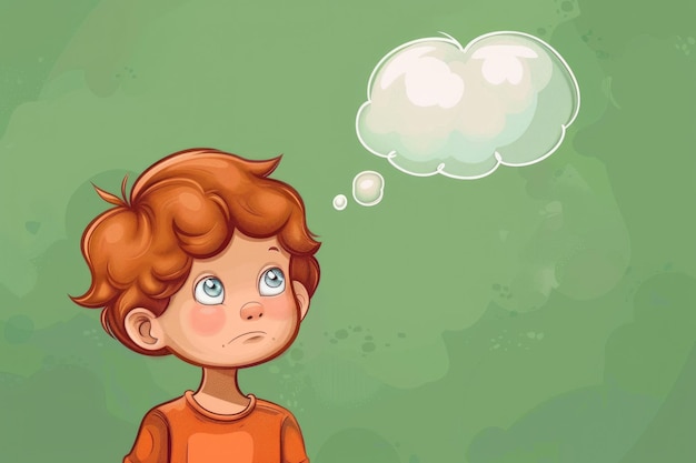 Photo cartoon kid thinking boy with thought bubble 6 years old isolated on green background