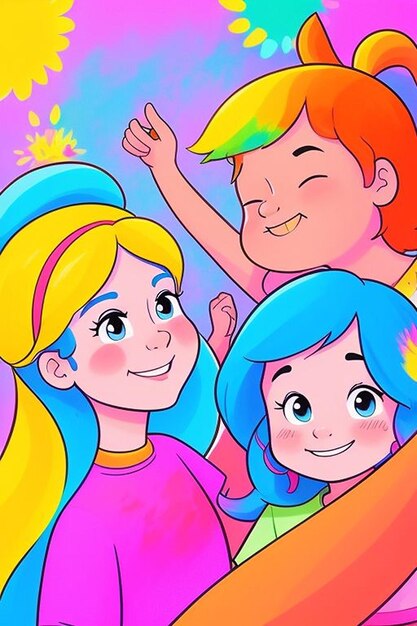 Cartoon kids Celebrating Holi Holi 2024