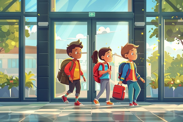 Cartoon Kids Entering a School Building