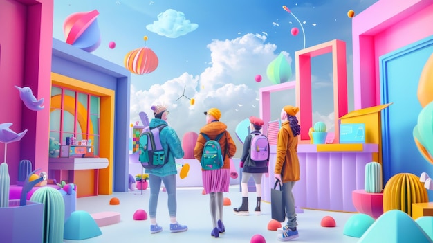 a cartoon of kids looking at a colorful building with the words  the word  on it