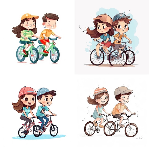 A cartoon of kids riding bikes and one boy is wearing a hat.