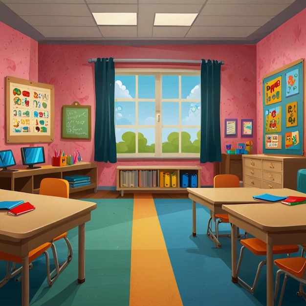 Photo cartoon kindergarten or preschool classroom interior empty kids room