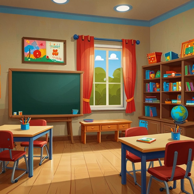 Photo cartoon kindergarten or preschool classroom interior empty kids room