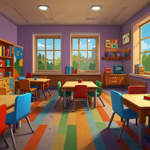 Photo cartoon kindergarten or preschool classroom interior empty kids room