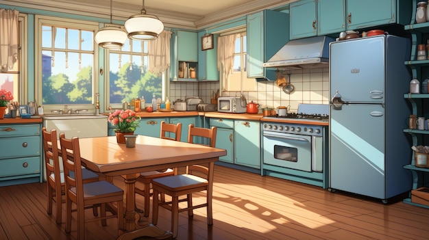 A cartoon kitchen that is fully outfitted. a kitchen with a wooden dining table, blue cupboards, a fridge with a magnet and a message, an oven, a microwave, a stove, and an electric skillet.