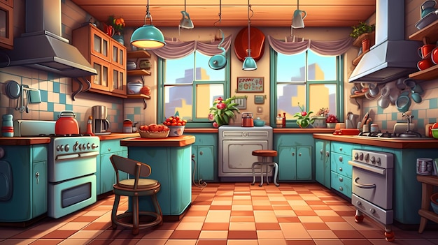 A cartoon kitchen with a red rug and a green dish towel on the counter