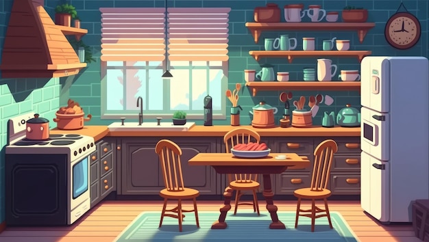 A cartoon kitchen with a table and chairs and a window with a window behind it.