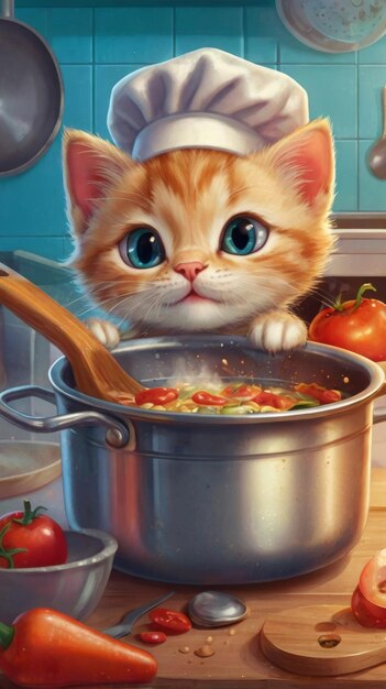 Photo a cartoon kitten cook in a cap cooks soup in a pan cartoon style image