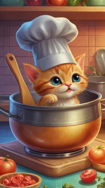 Photo a cartoon kitten cook in a cap cooks soup in a pan cartoon style image