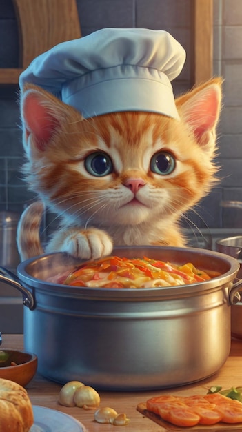 Photo a cartoon kitten cook in a cap cooks soup in a pan cartoon style image