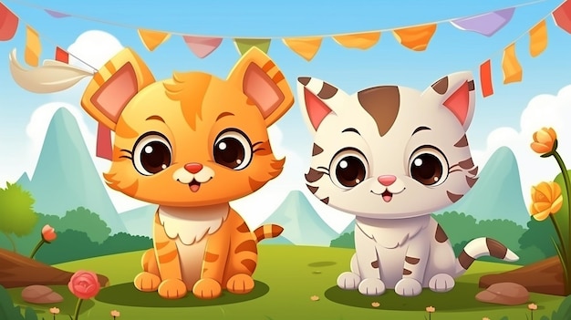 cartoon kittens characters friends together for children friendship and play time happy joy as wide