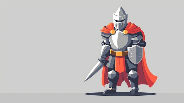 A cartoon knight in full armor stands with his sword and shield