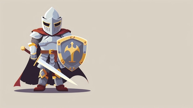 A cartoon knight in full armor stands with sword and shield ready for battle