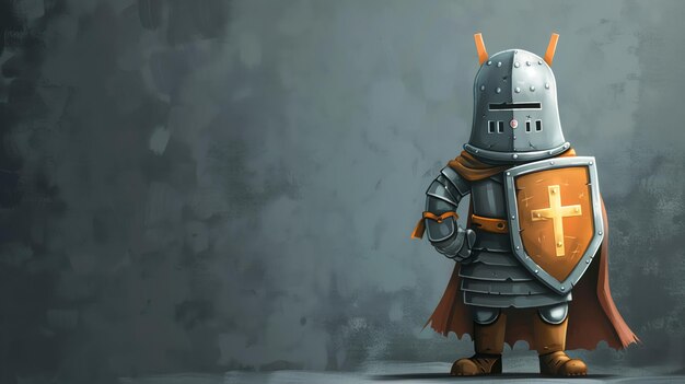 Photo a cartoon knight in full armor with a shield and a cross on a gray background